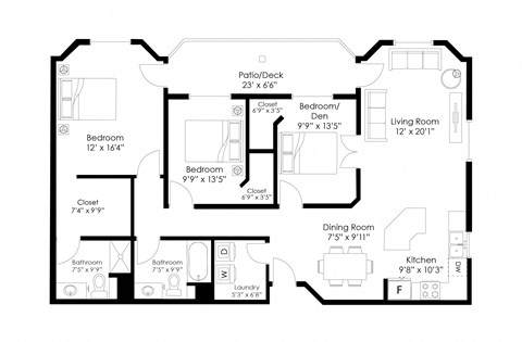Floor plan for 3 beds, 2 baths, 1420 sqft